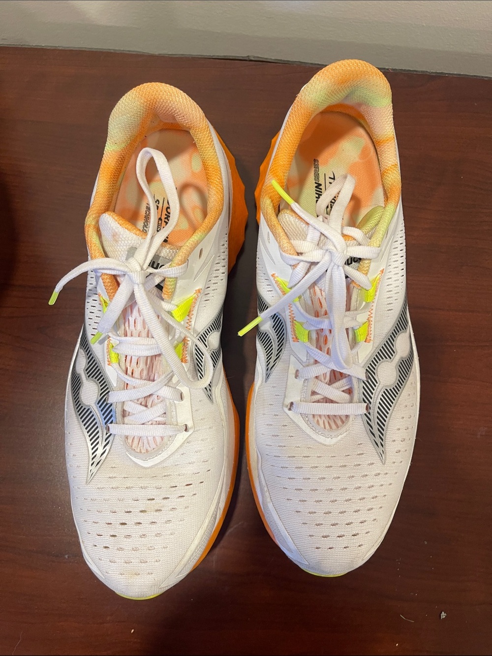 Saucony Endorphin Sneakers with Orange and Yellow Accents